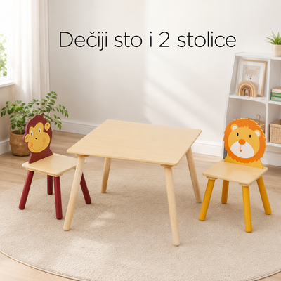 KINDER HOME Dečiji drveni sto sa 2 stolice, set - za učenje, igru, crtanje, jelo - ŽIVOTINJE