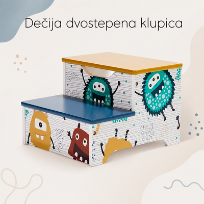 KINDER HOME Dečija stolica-merdevine, od drveta, sa 2 stepenika, prostorom za odlaganje, ručkom za nošenje - MONSTER