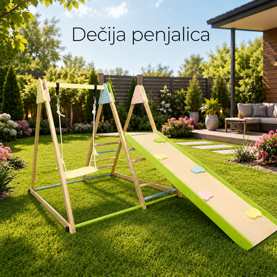 KINDER HOME Dečiji drveni set 4 u 1 – ljuljaška, tobogan, ram za penjanje i rampa za penjanje