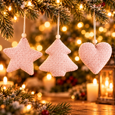Ukras za jelku plišana zvezda, jelka i srce set 3kom 13cm roze 61300