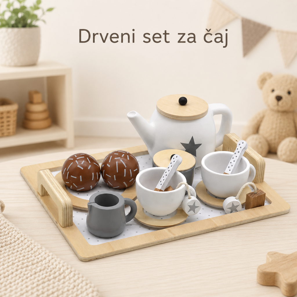 KINDER HOME Dečiji drveni set za čaj i kafu sa dodacima - belo/siva
