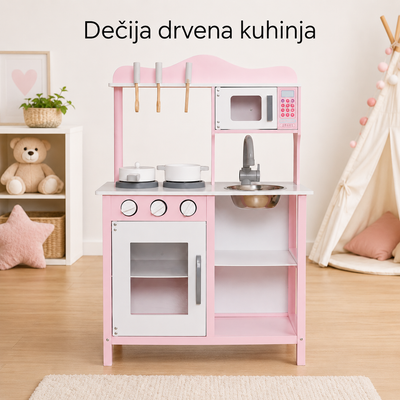 KINDER HOME Dečija drvena kuhinja za igru sa dodacima - roze