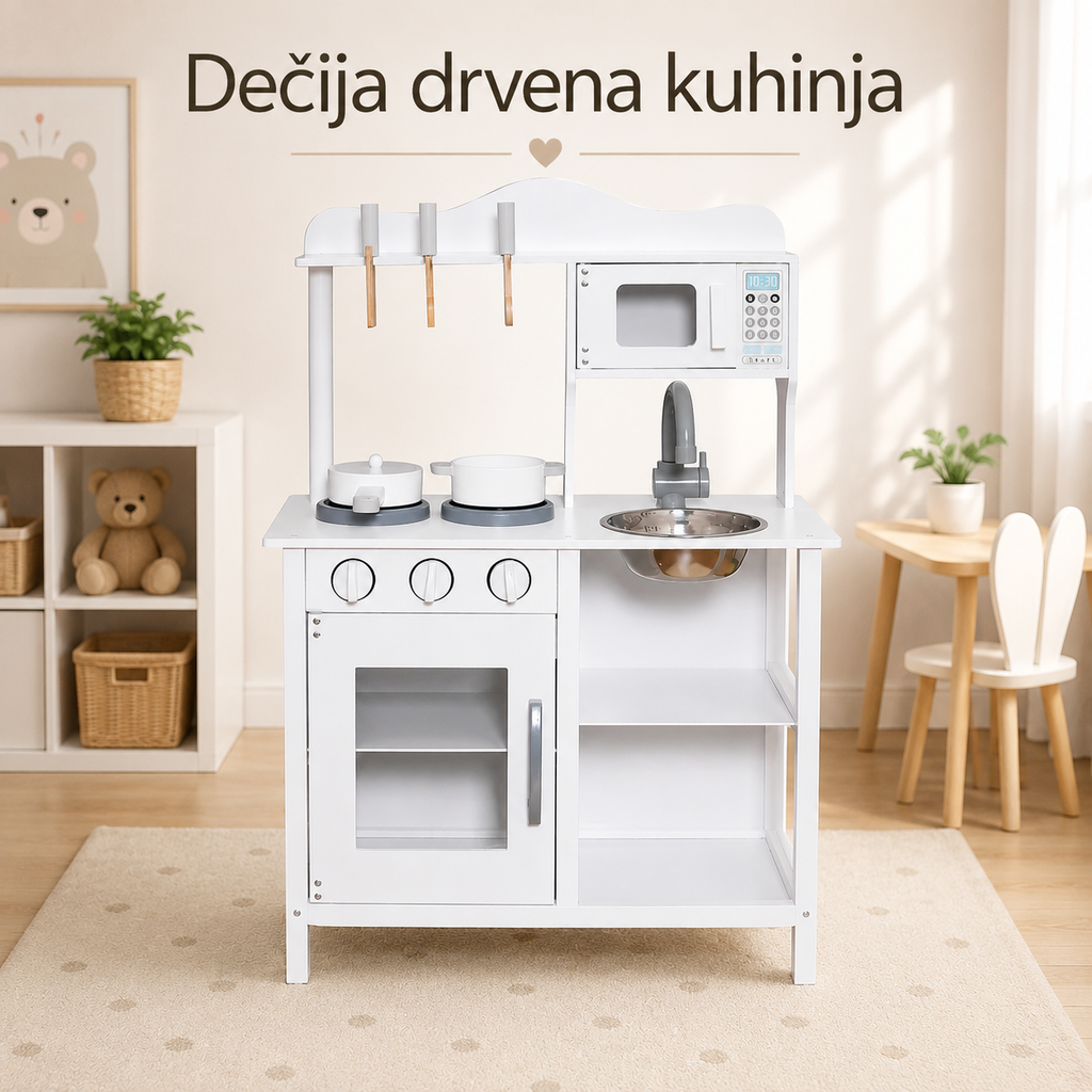 KINDER HOME Dečija drvena kuhinja sa dodacima za igru - bela
