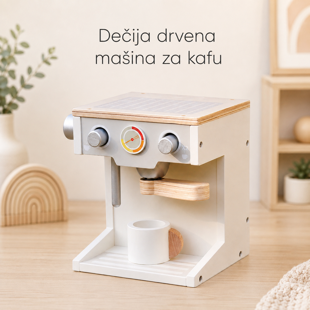 KINER HOME Dečija drvena espreso mašina za kafu sa šoljicom - belo/siva