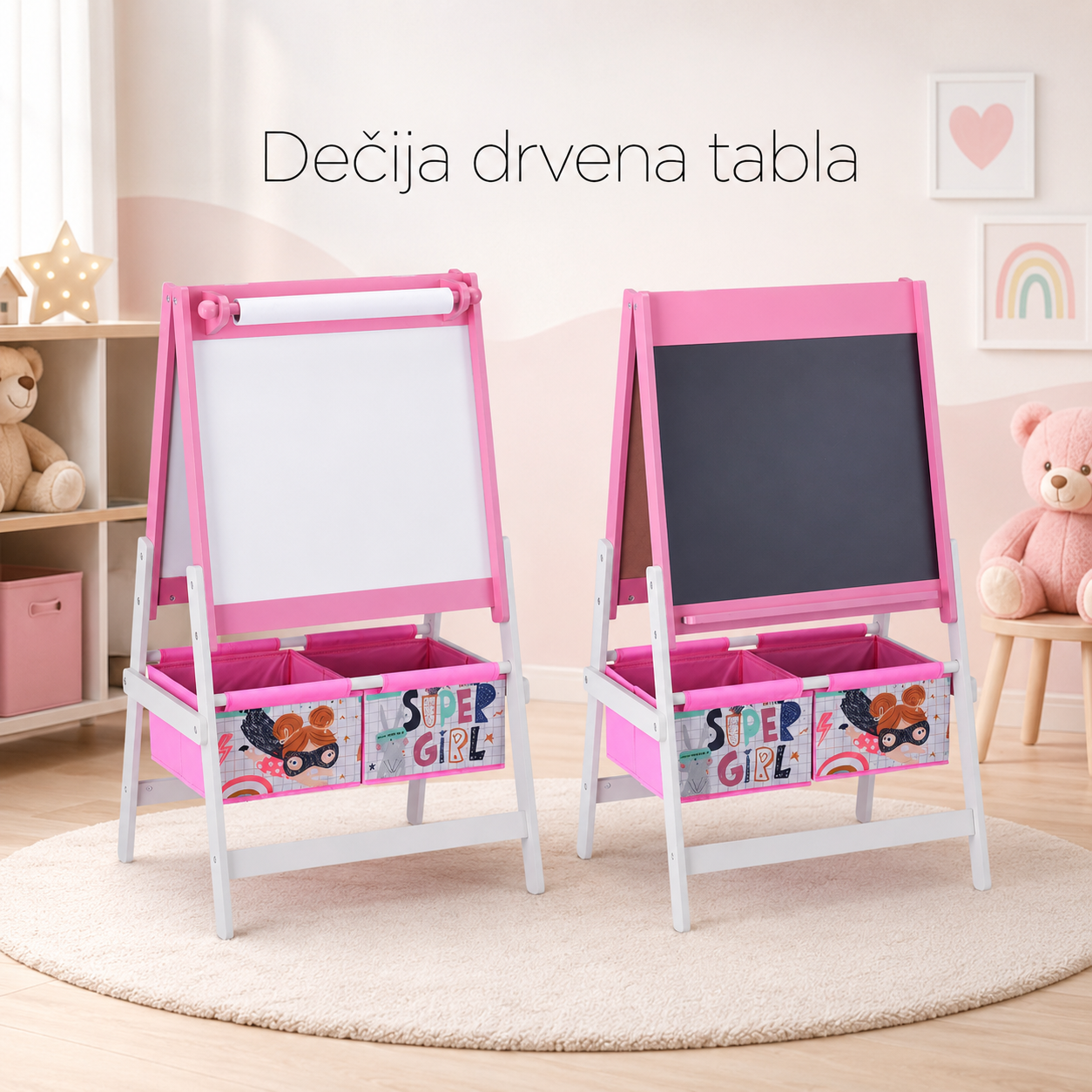 KINDER HOME Dečija drvena tabla na stalku za pisanje i crtanje, dvostrana sa kutijom za odlaganje