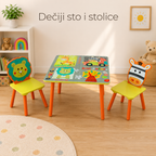 KINDER HOME Dečiji sto sa 2 stolice, drvena garnitura - za učenje, igru, crtanje, jelo - SAFARI