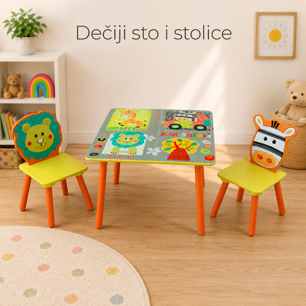 KINDER HOME Dečiji sto sa 2 stolice, drvena garnitura - za učenje, igru, crtanje, jelo - SAFARI