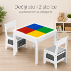KINER HOME Dečiji sto sa 2 stolice, dvostrani, drveni set za učenje, crtanje, pisanje, slaganje konstruktora tipa lego - belo/siva