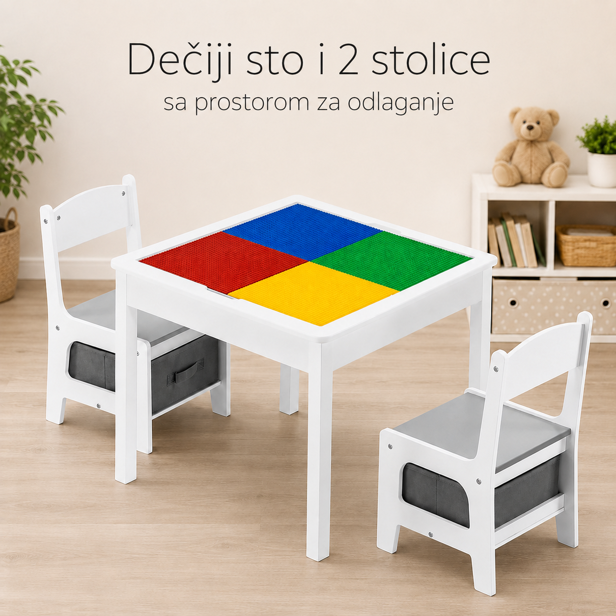 KINER HOME Dečiji sto sa 2 stolice, dvostrani, drveni set za učenje, crtanje, pisanje, slaganje konstruktora tipa lego - belo/siva
