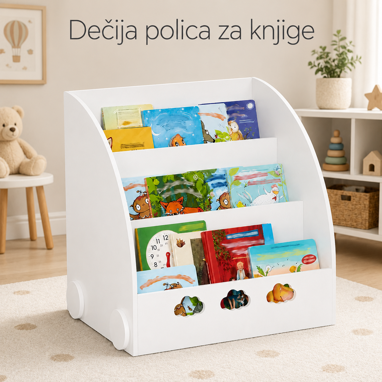 KINDER HOME Dečija drvena polica za knjige, organizator za knjige i igračke, deo za skladištenje u oblaku - bela