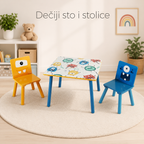 KINDER HOME Dečiji drveni sto sa 2 stolice, set - za igru, crtanje, jelo