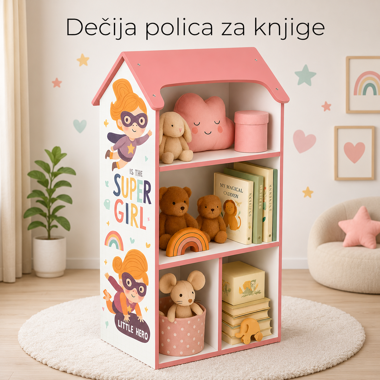 KINDER HOME Dečija drvena polica za odlaganje igračaka i knjiga - Kuća SNOVA
