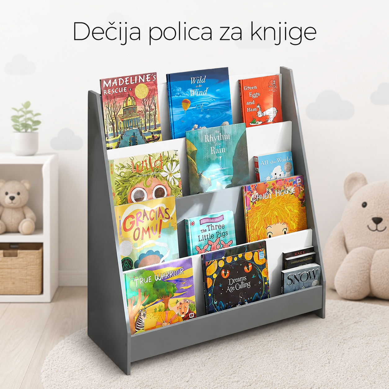 KINDER HOME Stalak za dečije knjige i časopise, Biblioteka sa policama, drveni presek - BELO/SIVA