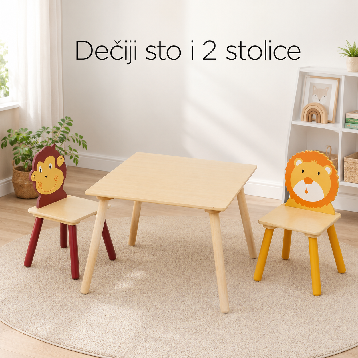 KINDER HOME Dečiji drveni sto sa 2 stolice, set - za učenje, igru, crtanje, jelo - ŽIVOTINJE