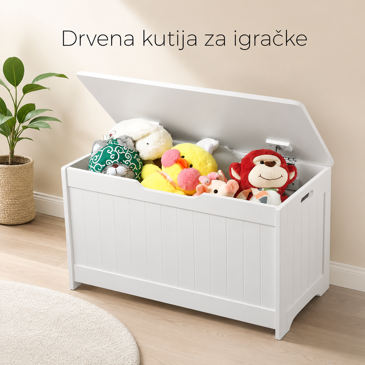 KINDER HOME Komoda za odlaganje dečijih igračaka i knjiga, kutija sa mekim poklopcem, 2 u 1 komoda i drvena klupa - BELA