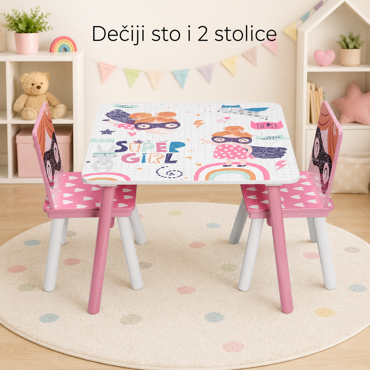 KINDER HOME Dečiji sto sa stolicama, drvena garnitura - za učenje, igru, jelo, nameštaj za dečiju sobu, belo i roze - SUPER GIRL