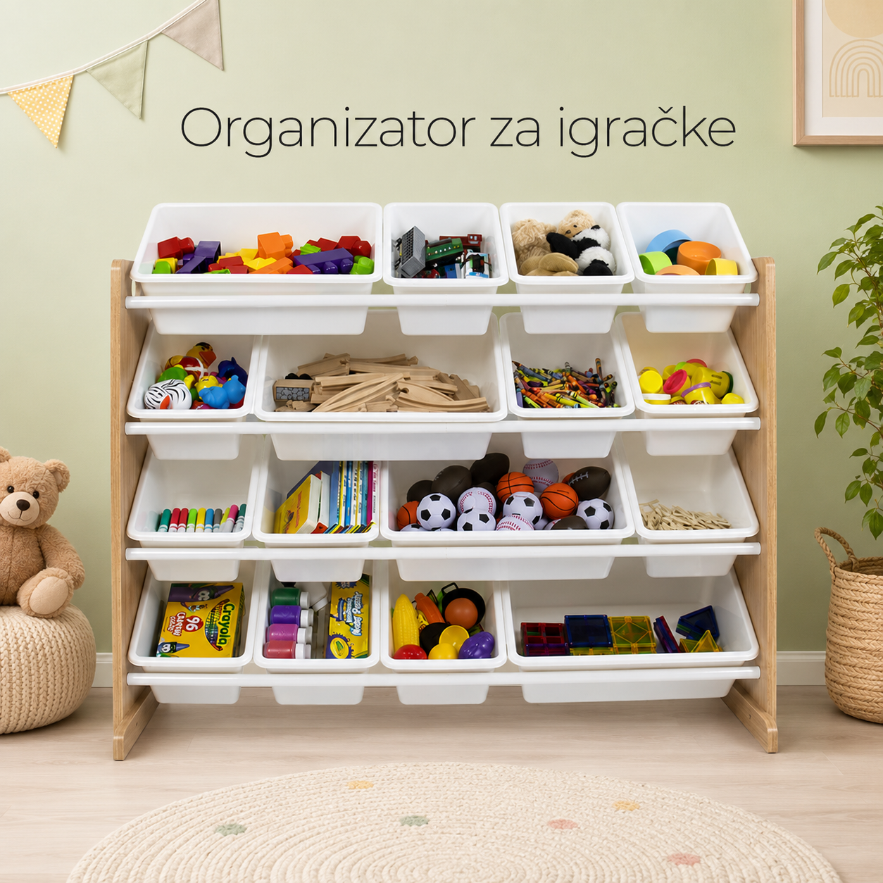 KINDER HOME Dečiji drveni organizator, veliki - za odlaganje igračaka i knjiga, polica za dečiju sobu - DRVO/BELA