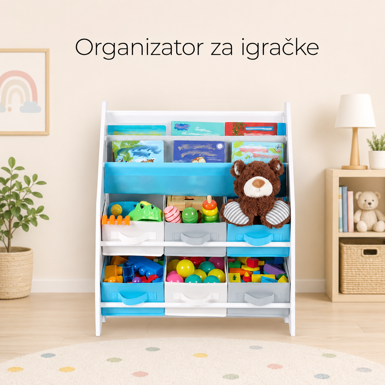 KINDER HOME Dečija soba u delu, polica za knjige i igračke, drveni organizator sa 6 kutija za odlaganje tekstila - ŠUMA