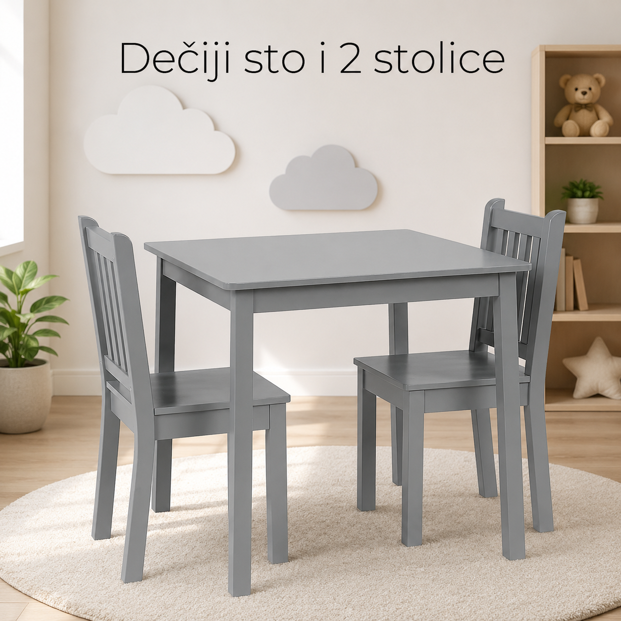 KINDER HOME Dečiji drveni sto sa 2 stolice, set za učenje, crtanje, igru, jelo - SIVA