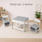 KINDER HOME Dečiji drveni sto sa 2 stolice, komplet, dvostrani sa crnom pločom, 2 u 1 - za igru i skladištenje BELO/Siva