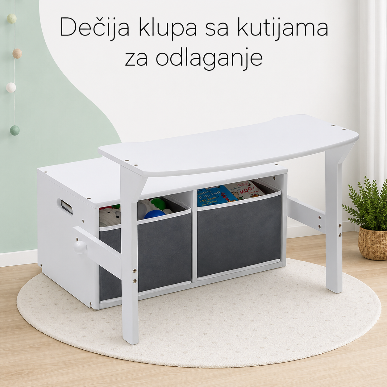 KINDER HOME Dečija drvena klupa, radni sto i organizator - 3 u 1 sa odlaganjem - belo/siva