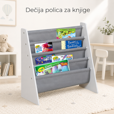 KINDER HOME Dečija polica za knjige i igračke, Organizator, Sekcija, Biblioteka za dečiju sobu - BELO/SIVA