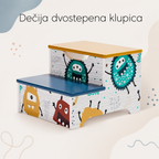 KINDER HOME Dečija stolica-merdevine, od drveta, sa 2 stepenika, prostorom za odlaganje, ručkom za nošenje - MONSTER