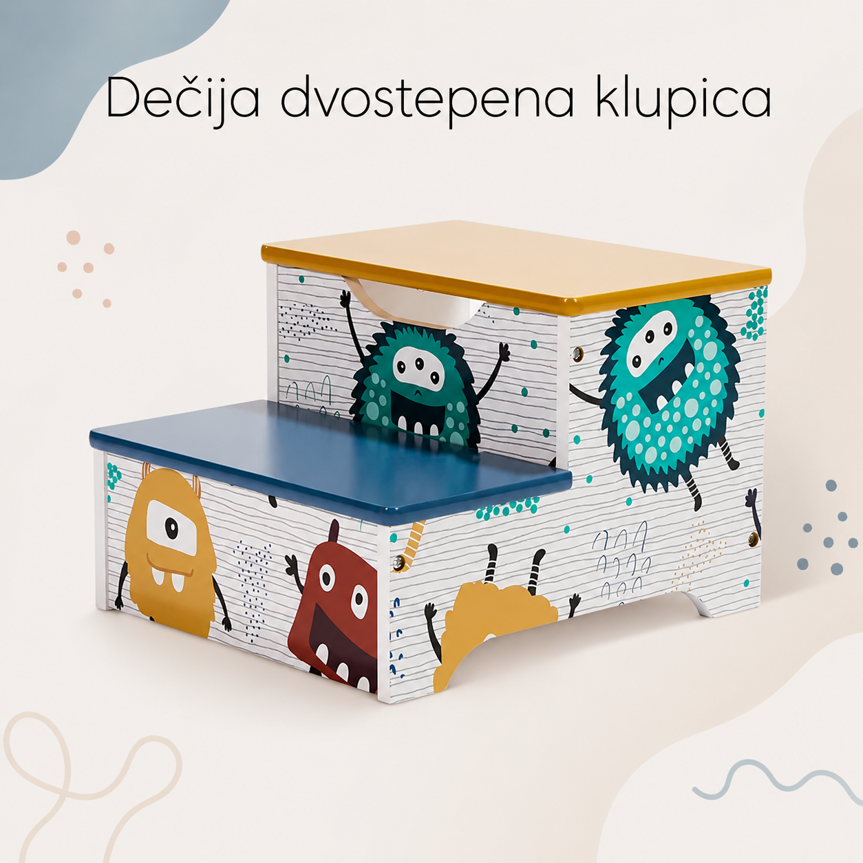 KINDER HOME Dečija stolica-merdevine, od drveta, sa 2 stepenika, prostorom za odlaganje, ručkom za nošenje - MONSTER