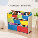 KINDER HOME Dečiji drveni organizator, polica, deo za odlaganje igračaka i knjiga - 3 nivoa sa 9 kutija za tekstil - BOJE