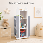 KINDER HOME RAKETA sa rotirajućim odsekom za 360 stepeni sa policama u 4 nivoa, drvena - za odlaganje knjiga i igračaka BELA/SIVA