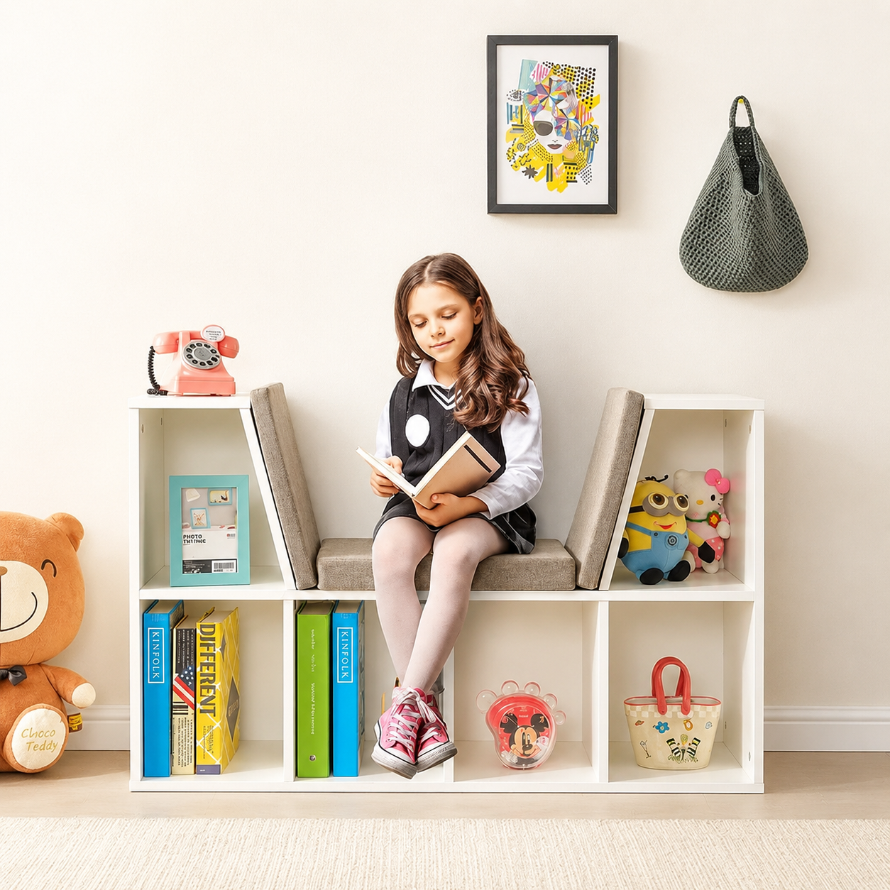 KINDER HOME 3 u 1 dečija polica za knjige, polica za knjige i klupa, 6 pregrada za odlaganje igračaka i knjiga