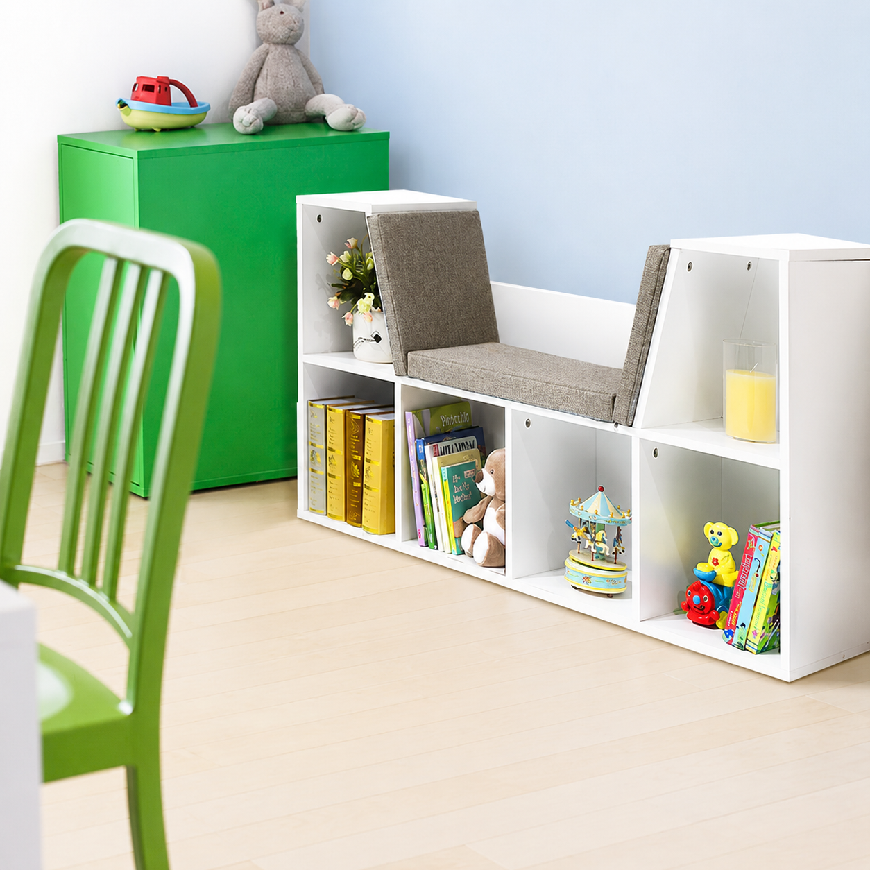 KINDER HOME 3 u 1 dečija polica za knjige, polica za knjige i klupa, 6 pregrada za odlaganje igračaka i knjiga