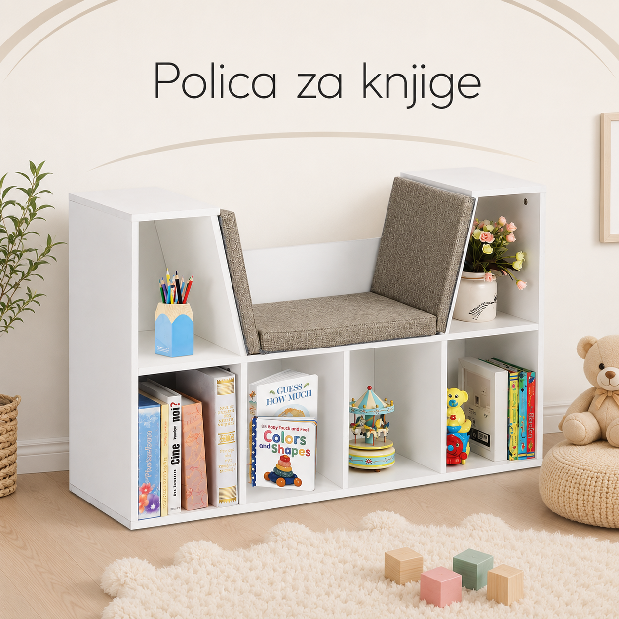 KINDER HOME 3 u 1 dečija polica za knjige, polica za knjige i klupa, 6 pregrada za odlaganje igračaka i knjiga