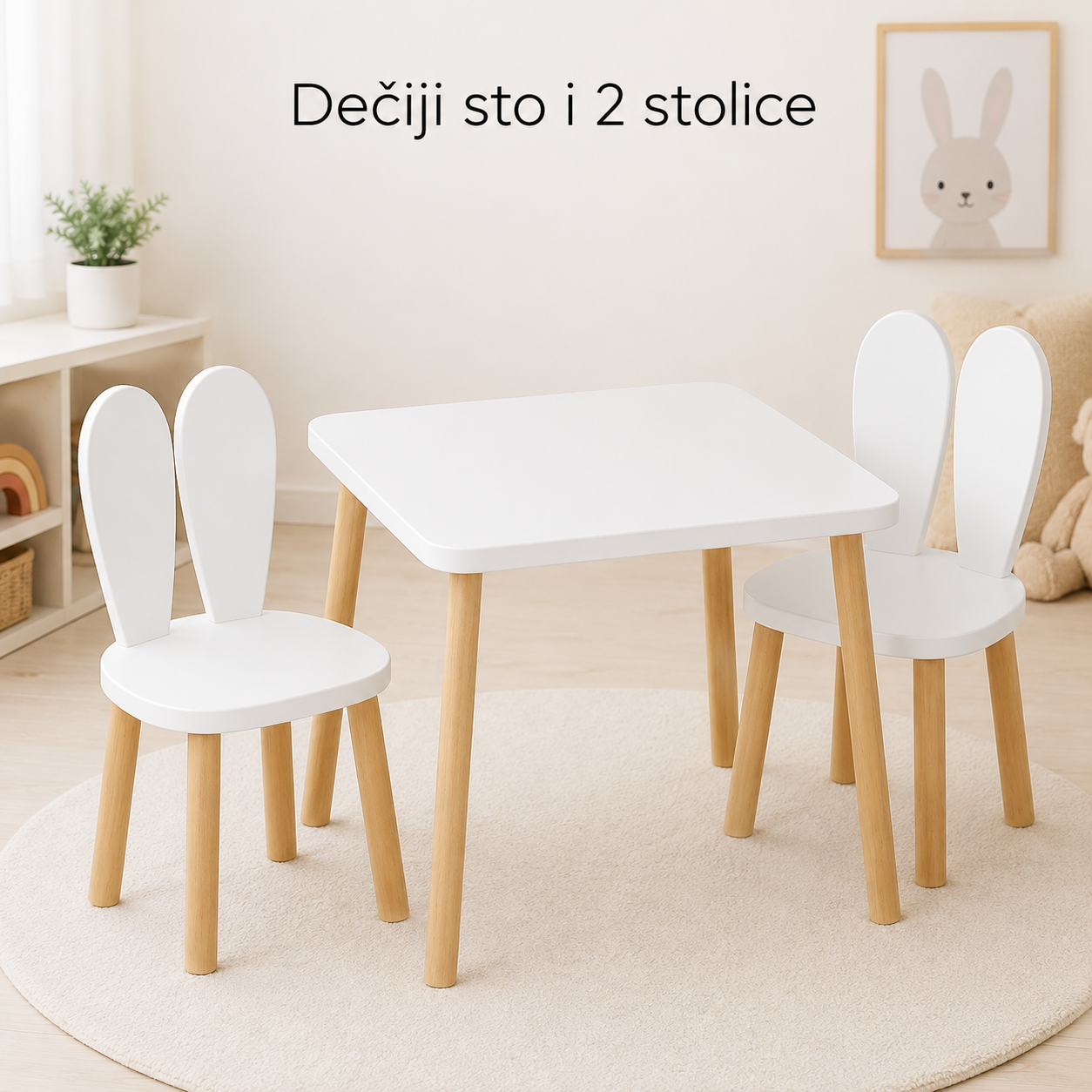 KINDER HOME Dečiji drveni sto sa 2 stolice BUNNY, učenje, crtanje, igranje, set za jelo, za dečiju sobu, beli