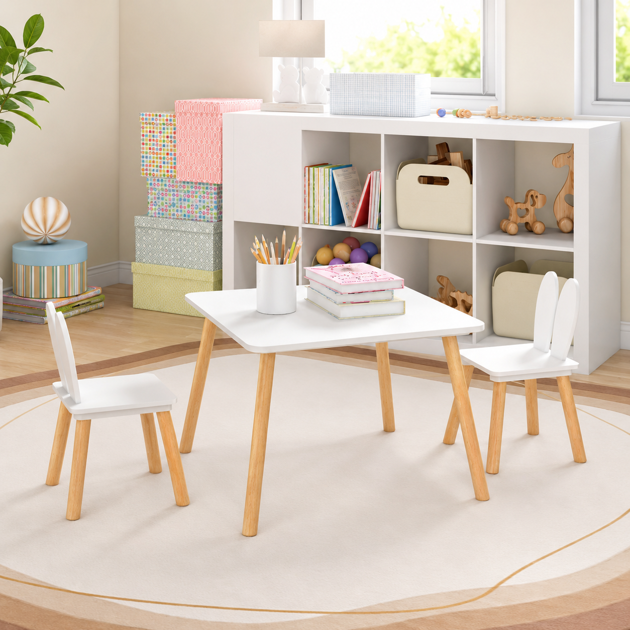 KINDER HOME Dečiji drveni sto sa 2 stolice BUNNY, učenje, crtanje, igranje, set za jelo, za dečiju sobu, beli