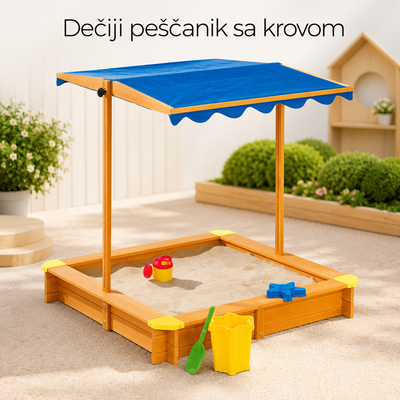 KINDER HOME Dečiji drveni peščanik KINDER HOME, sa podesivim, vodootpornim poklopcem anti-UV 30