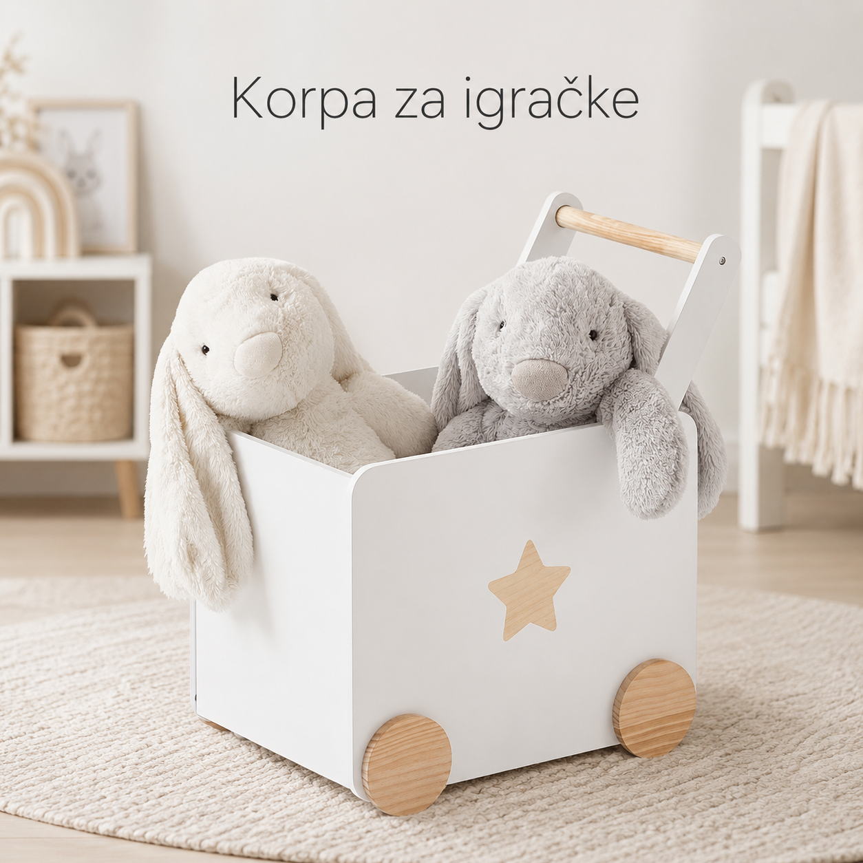 KINDER HOME Kutija za igračke sa točkićima, drvena, bela Share