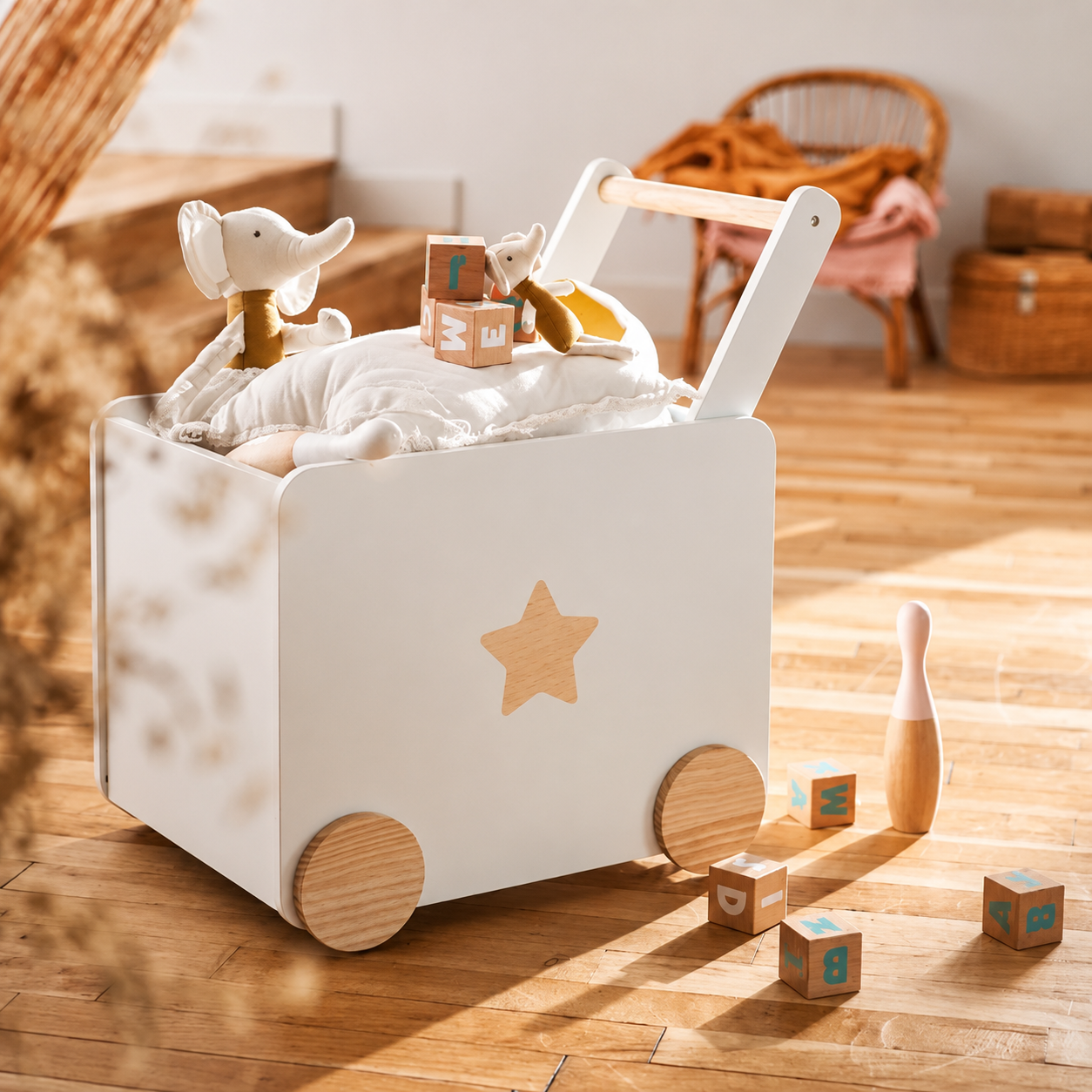 KINDER HOME Kutija za igračke sa točkićima, drvena, bela Share