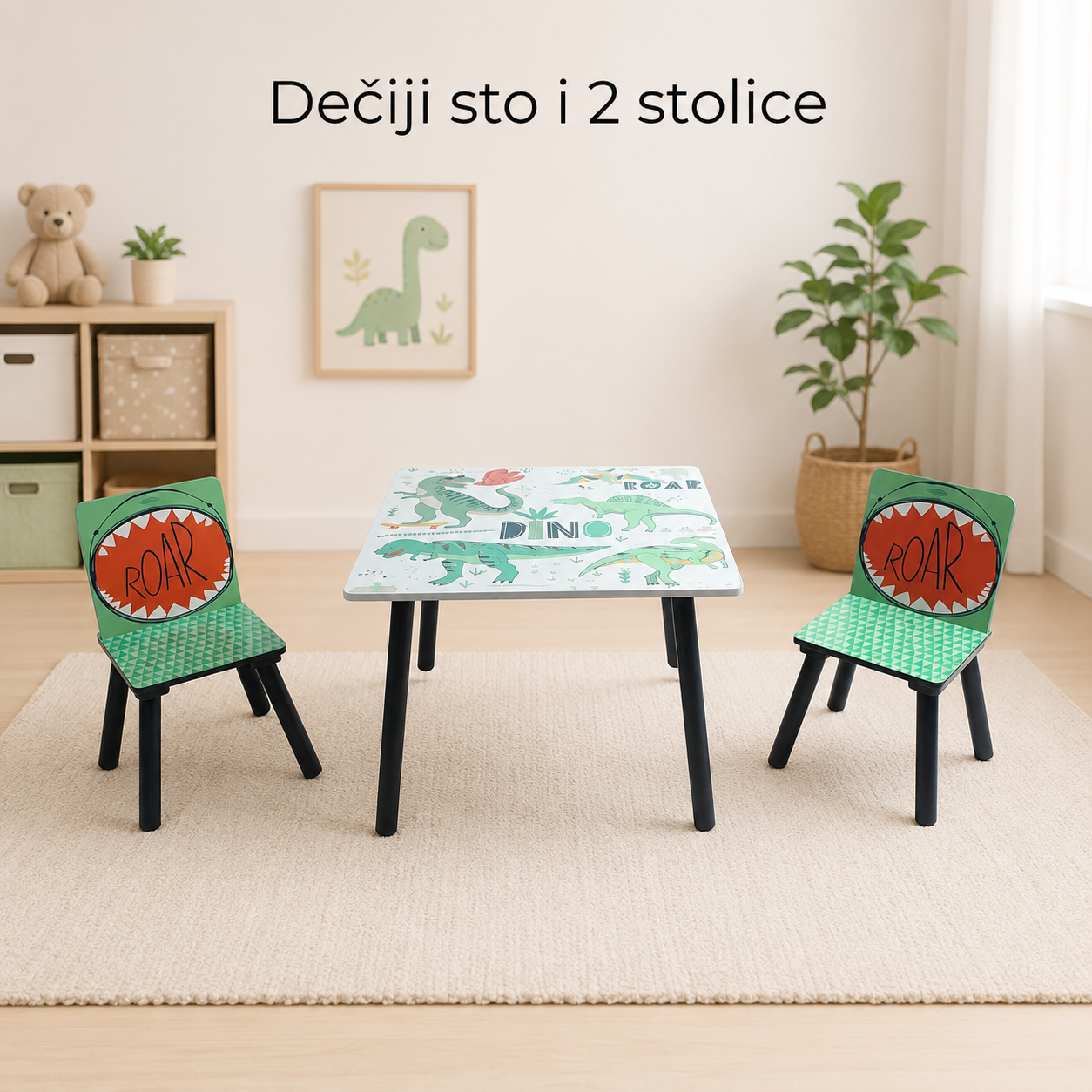 KINDER HOME Dečiji sto sa stolicama za crtanje, igranje, jelo, drveni, DINOSAURS