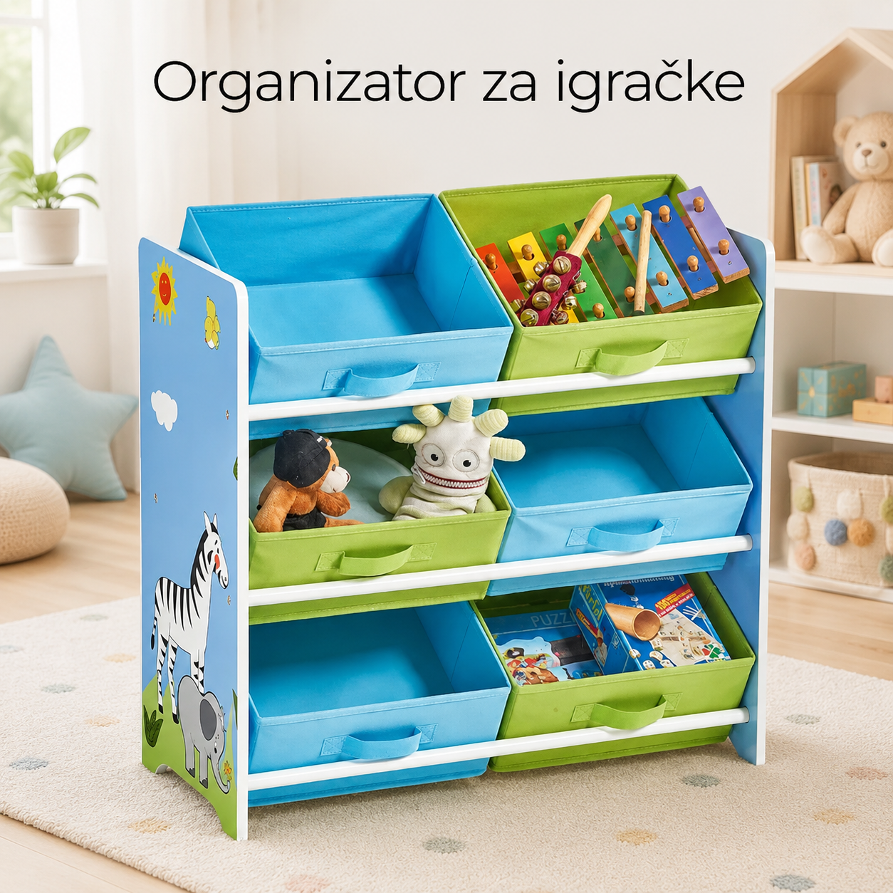 KINDER HOME Organizator za igračke, Polica za dečiju sobu sa kutijama za odlaganje, SAVANA