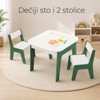 KINDER HOME Dečiji sto sa stolicama 4 u 1, 2 vrha, tabla i vrh za slaganje LEGO konstruktora, šuma