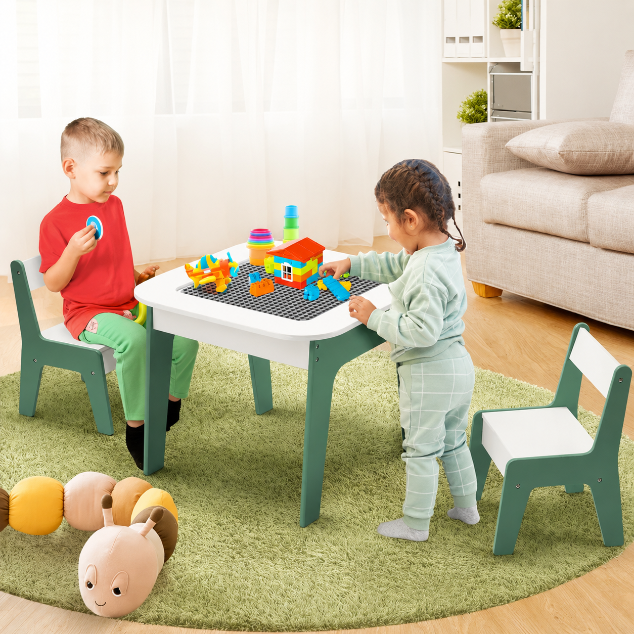 KINDER HOME Dečiji sto sa stolicama 4 u 1, 2 vrha, tabla i vrh za slaganje LEGO konstruktora, šuma