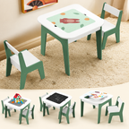 KINDER HOME Dečiji sto sa stolicama 4 u 1, 2 vrha, tabla i vrh za slaganje LEGO konstruktora, šuma