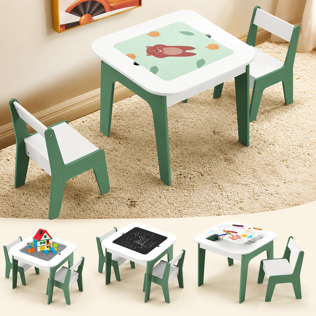 KINDER HOME Dečiji sto sa stolicama 4 u 1, 2 vrha, tabla i vrh za slaganje LEGO konstruktora, šuma