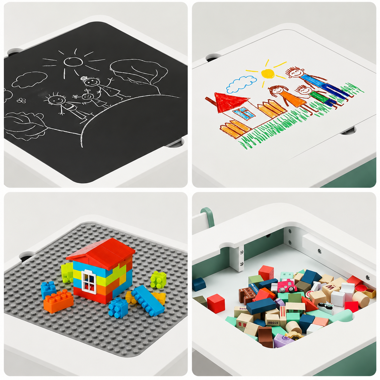 KINDER HOME Dečiji sto sa stolicama 4 u 1, 2 vrha, tabla i vrh za slaganje LEGO konstruktora, šuma