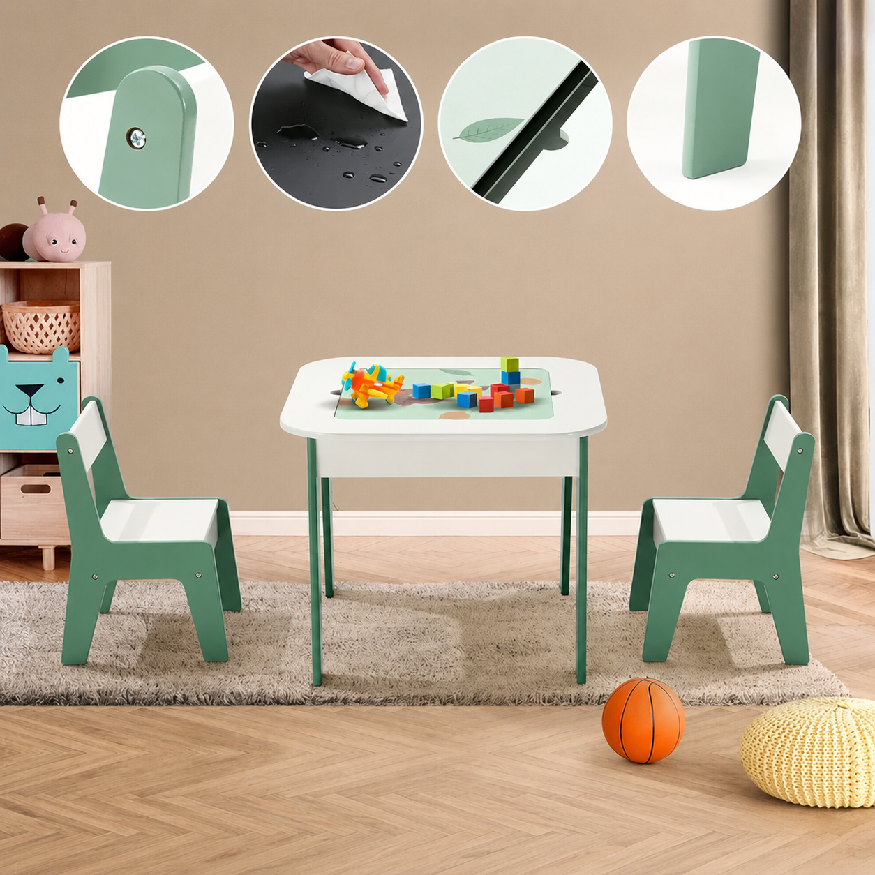 KINDER HOME Dečiji sto sa stolicama 4 u 1, 2 vrha, tabla i vrh za slaganje LEGO konstruktora, šuma