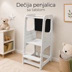 KINDER HOME Montessori Toranj, edukativna stolica sa crnom tablom i podesivom visinom, bela, za decu od 1-4 godine