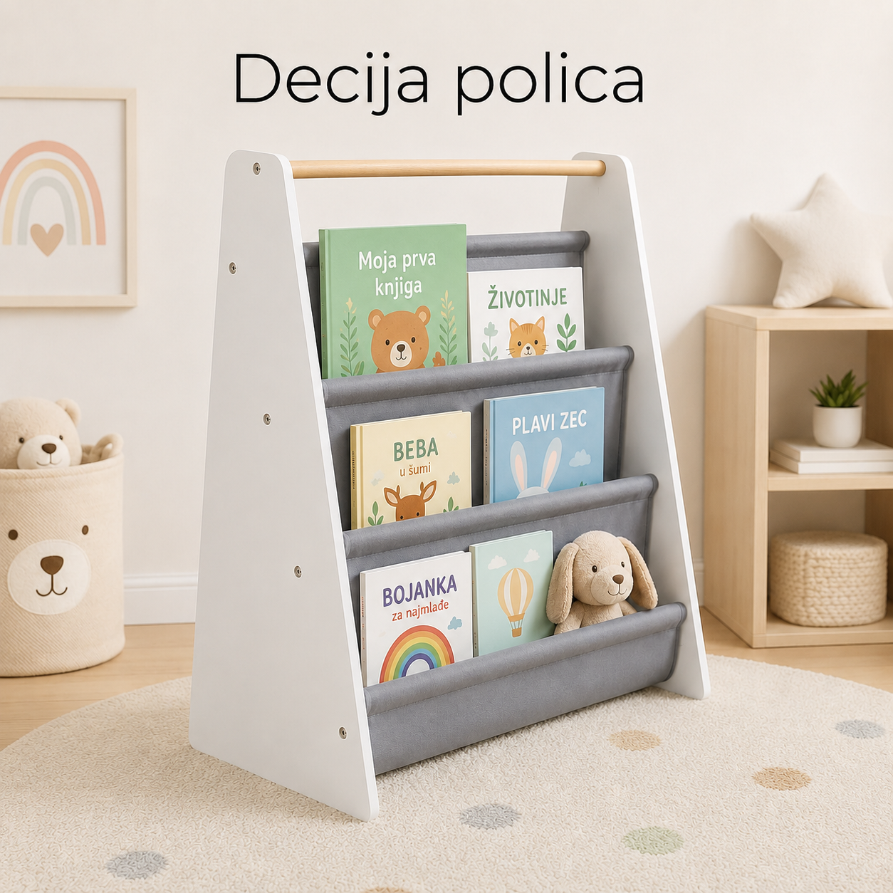 KINDER HOME Prenosna dečija polica za knjige, nameštaj za dečiju sobu, bela, siva
