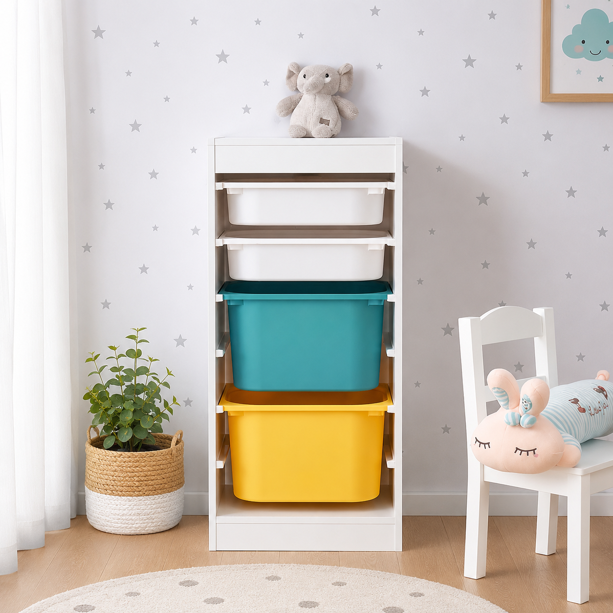 KINDER HOME Dečiji ormarić, polica za igračke sa 4 kutije za odlaganje, bela