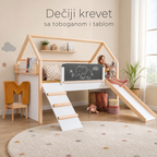 KINDER HOME Kućica za dečiji krevet, Montesori, dvospratna, tobogan, crna tabla, ram dušeka 90k200 cm